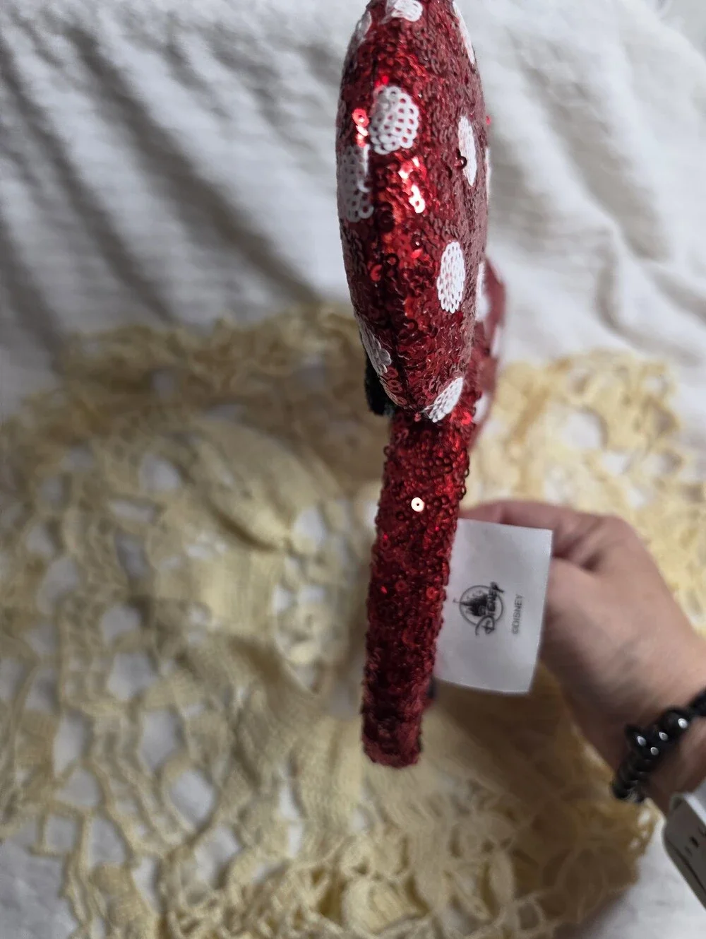 Disney Red Sequin White Dots Minnie Ears Headband with Black Bow New